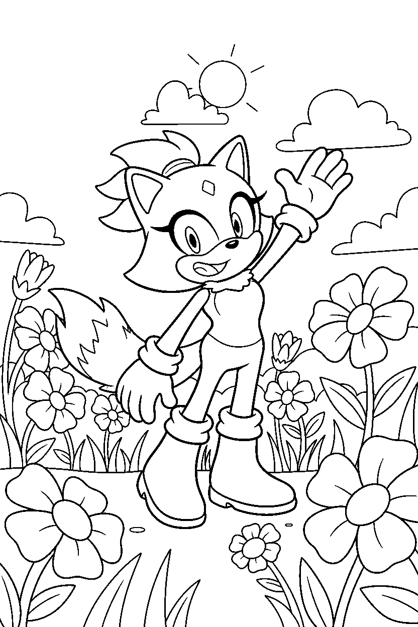 blaze the cat from sonic the hedgehog series waving happily in a flower field line art