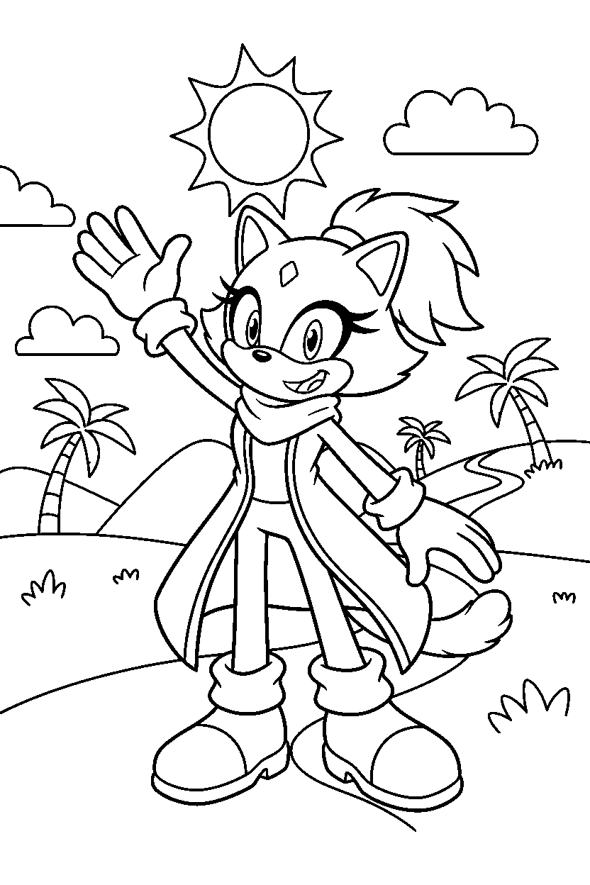 blaze the cat from sonic the hedgehog series waving happily in a sunny adventure zone line art