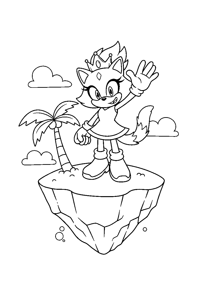 blaze the cat from sonic the hedgehog series waving happily on a floating island line art
