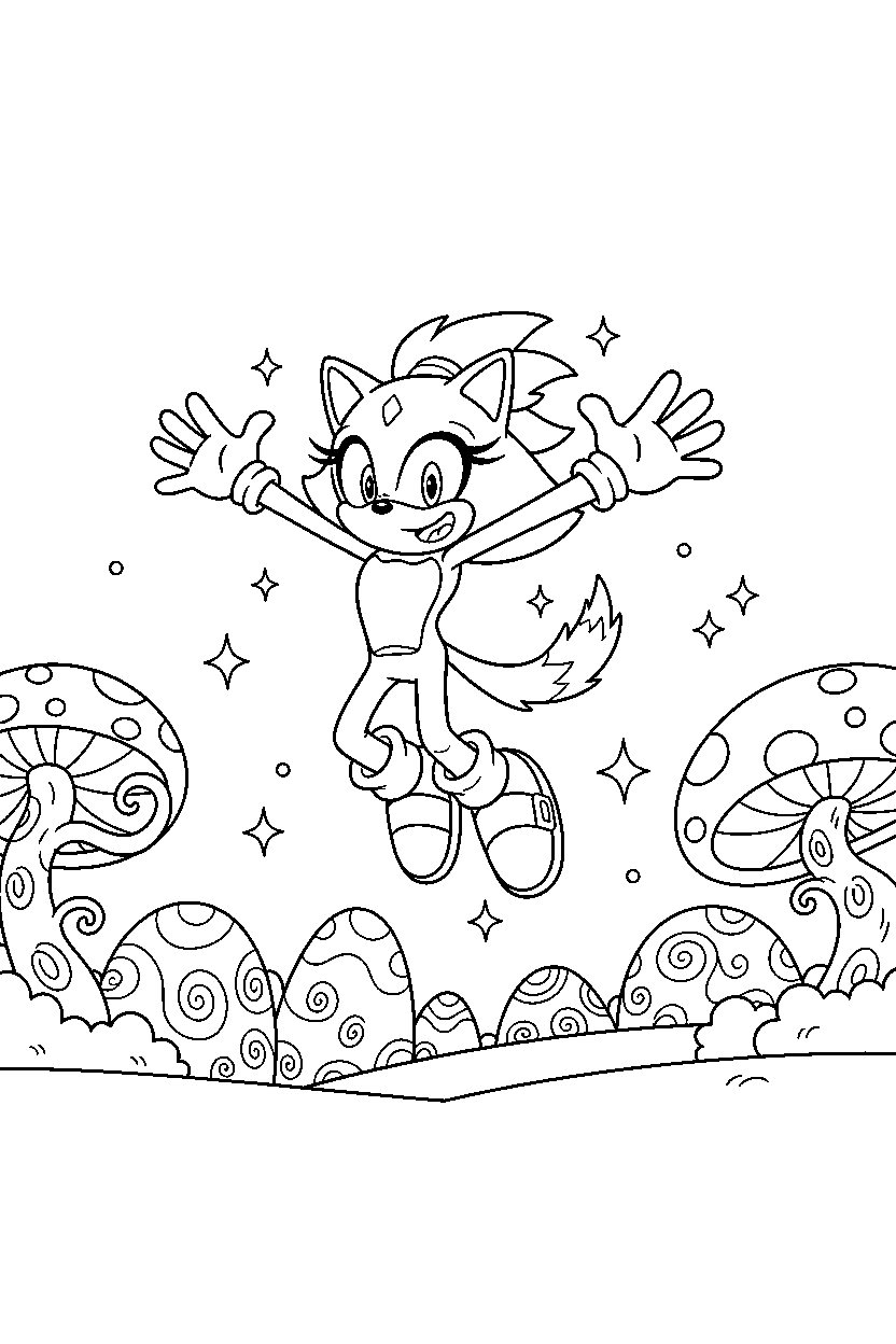 blaze the cat jumping with joy in a magical valley line art