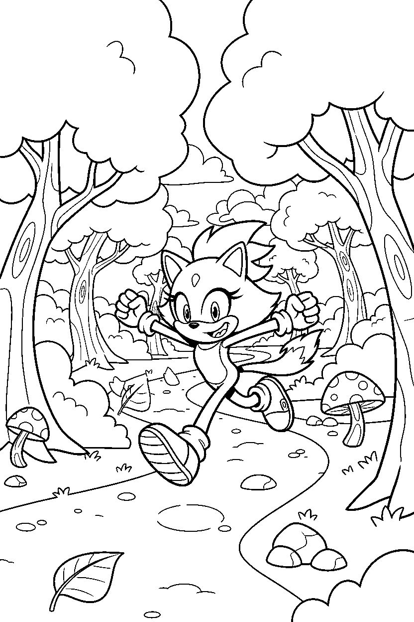 blaze the cat running happily in a hidden forest path line art