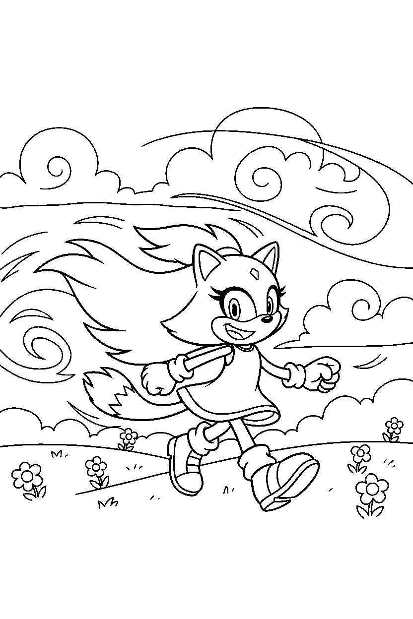 blaze the cat walking happily in a windy hill zone line art