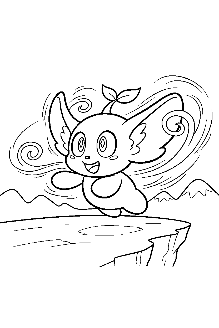 chao from sonic the hedgehog series looking excited on a windy plateau line art