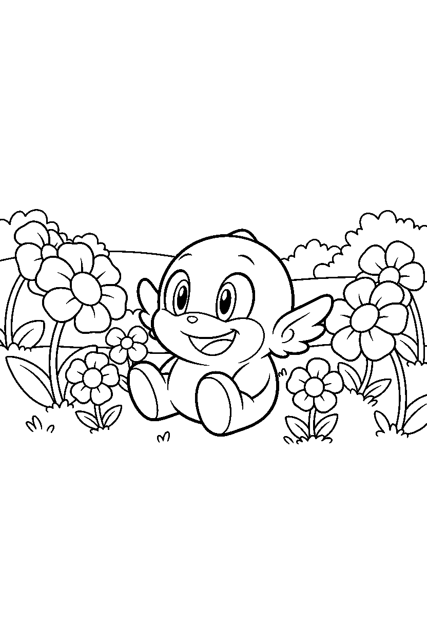 chao from sonic the hedgehog series looking happy in a flower valley line art