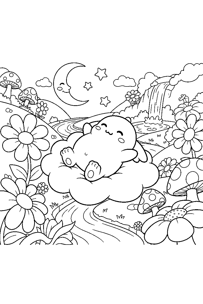 chao from sonic the hedgehog series relaxing peacefully in a fantasy valley line art