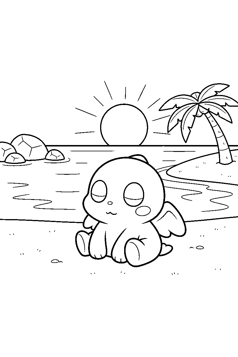 chao from sonic the hedgehog series sitting peacefully near a sunny lagoon line art