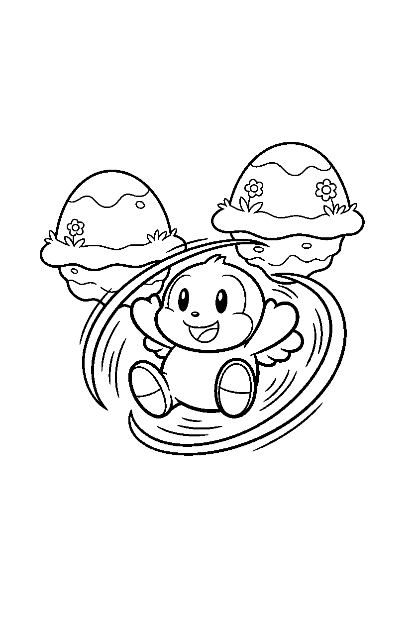 chao from sonic the hedgehog series spinning happily near floating hills line art