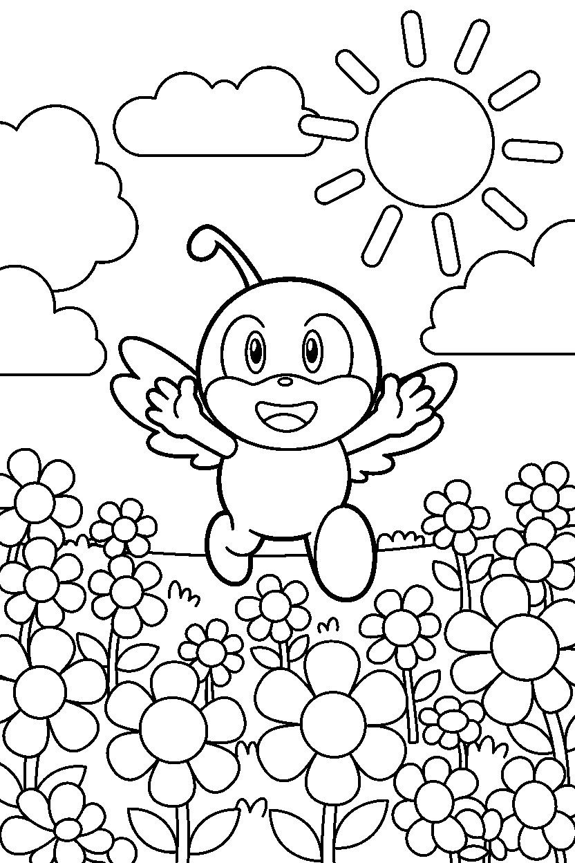 chao from sonic the hedgehog series walking happily in a flower field line art