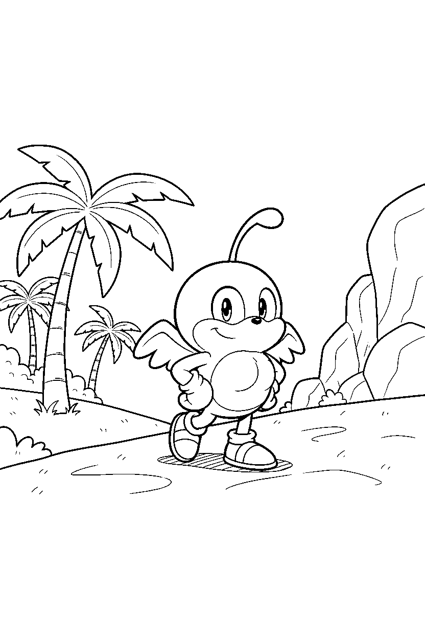 chao from sonic the hedgehog series walking proudly on a tropical hillside line art