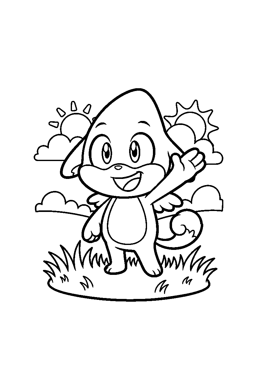 chao from sonic the hedgehog series waving happily in a bright grass zone line art