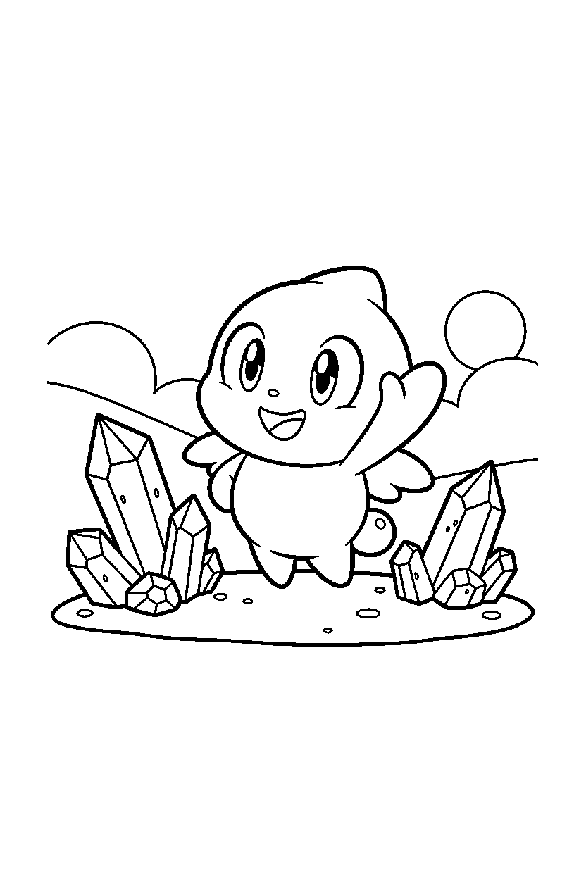 chao from sonic the hedgehog series waving happily near crystal rocks line art
