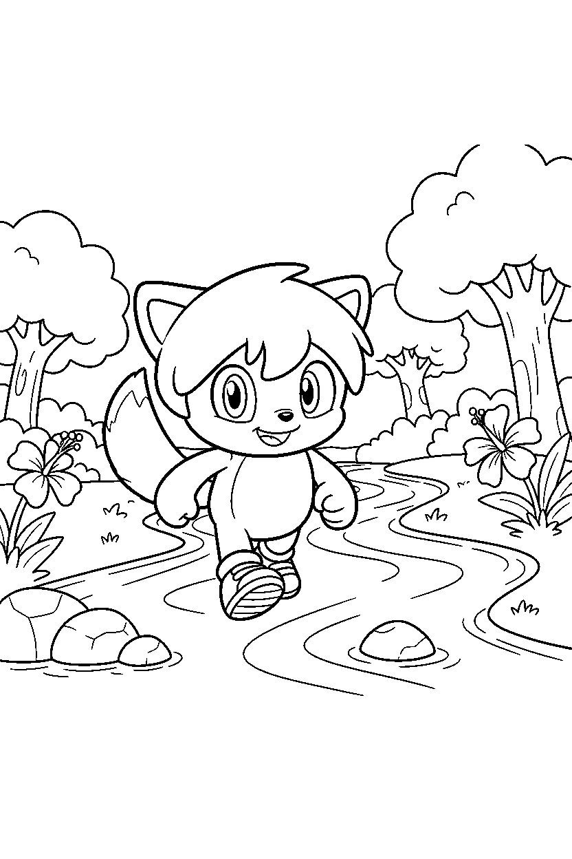 chao walking proudly near a jungle river line art