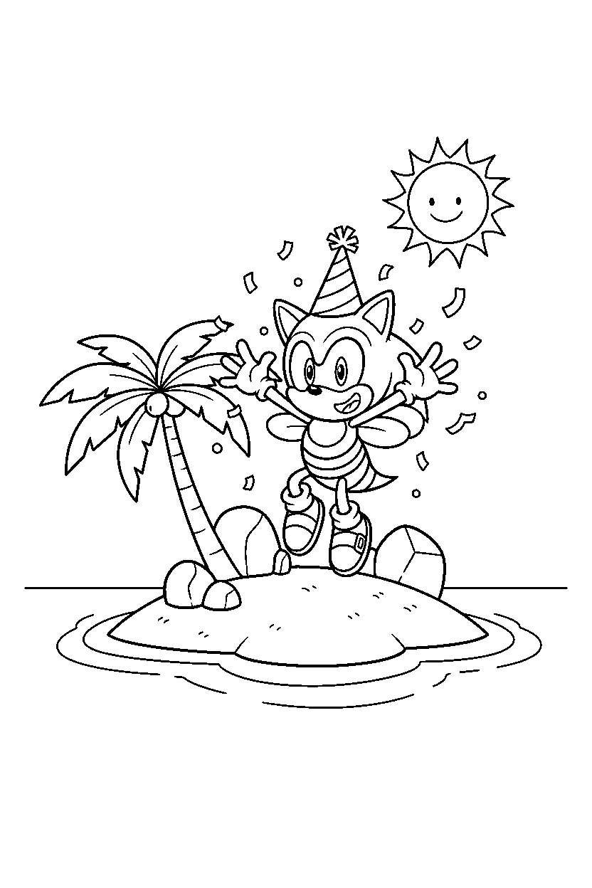 charmy bee from sonic the hedgehog series celebrating happily on a peaceful island line art