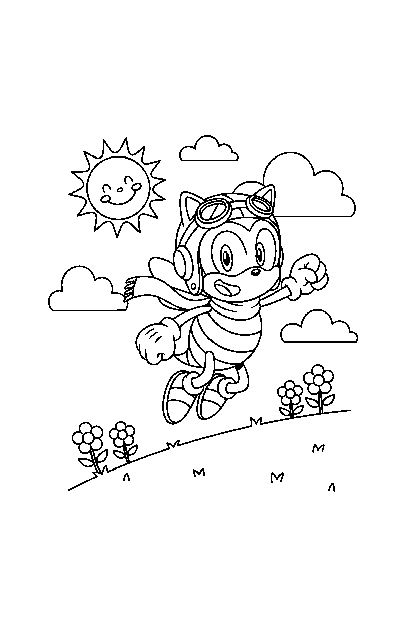 charmy bee from sonic the hedgehog series jumping happily on a sunny hill line art