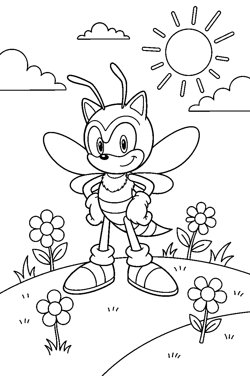 charmy bee from sonic the hedgehog series posing proudly on a sunny hill line art
