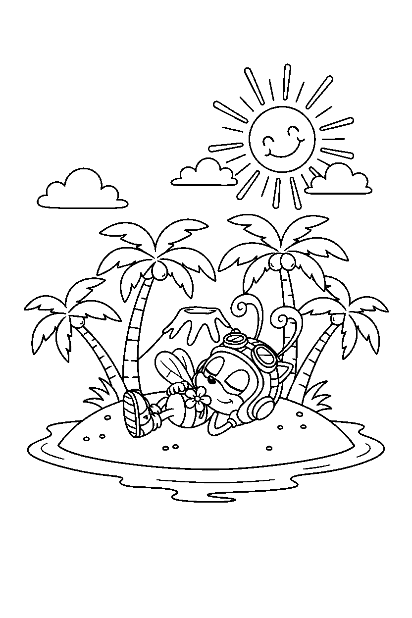 charmy bee from sonic the hedgehog series relaxing peacefully on a peaceful island line art