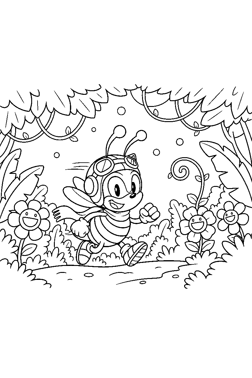 charmy bee from sonic the hedgehog series running happily near a bright jungle clearing line art