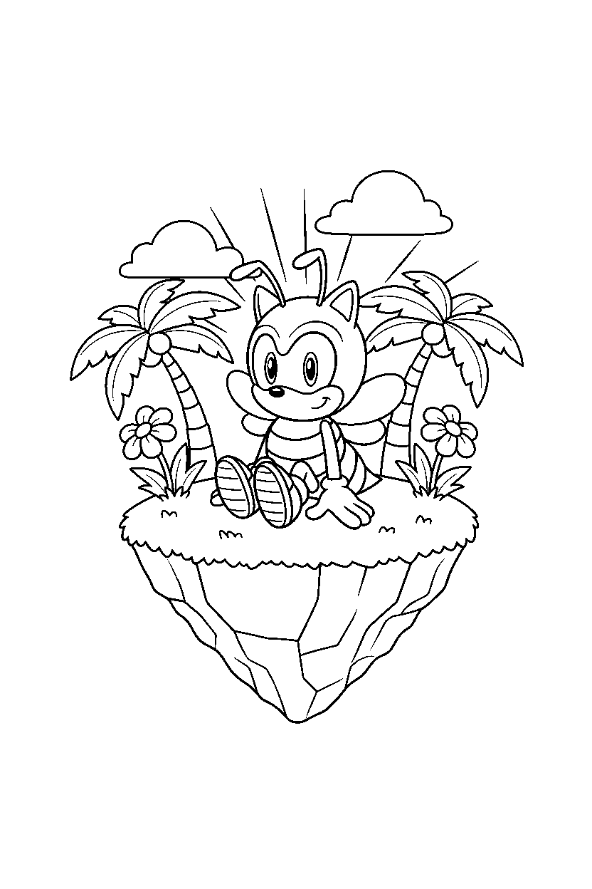 charmy bee from sonic the hedgehog series sitting peacefully in a bright island zone line art
