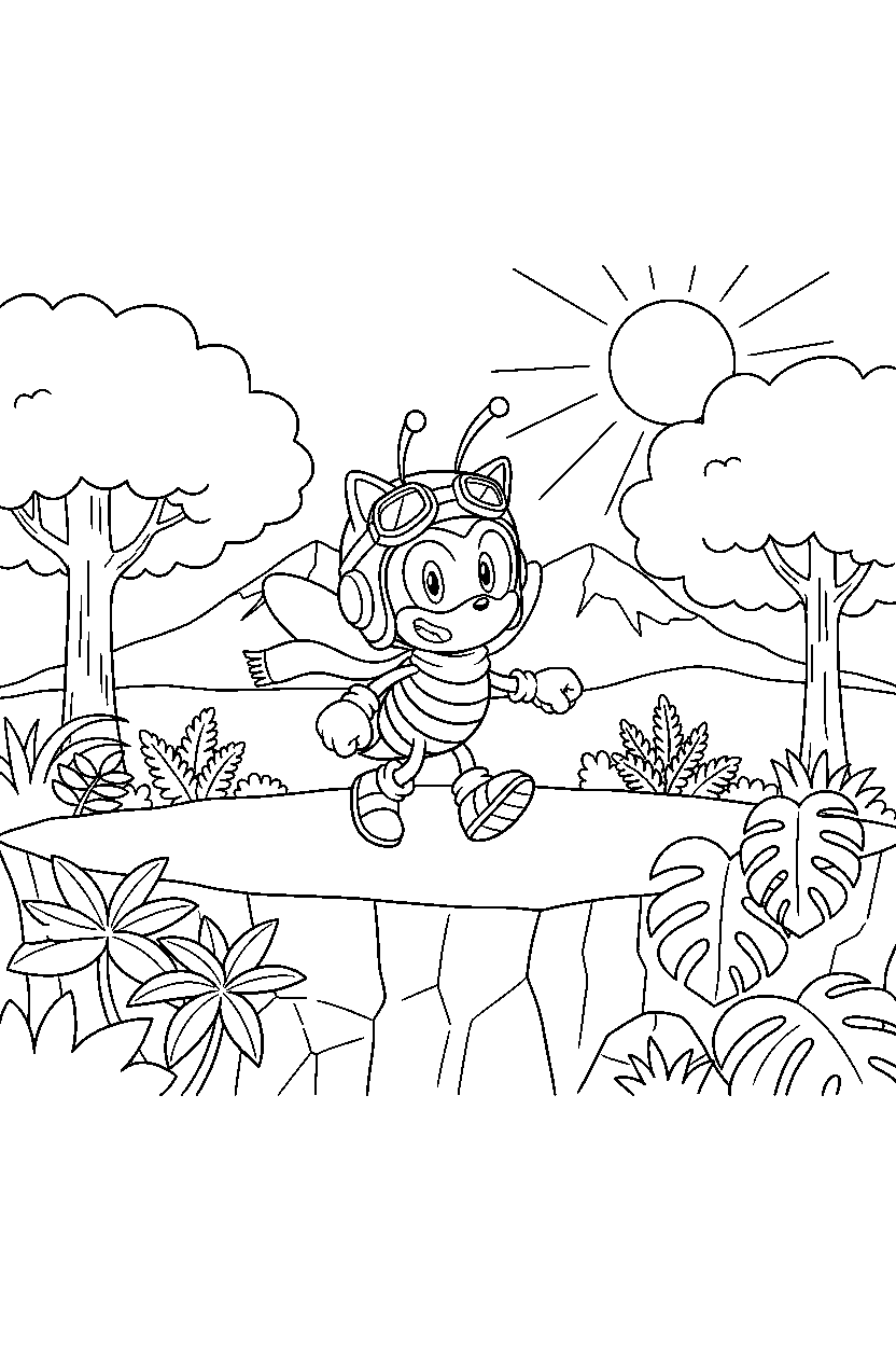 charmy bee from sonic the hedgehog series walking happily on a jungle plateau line art