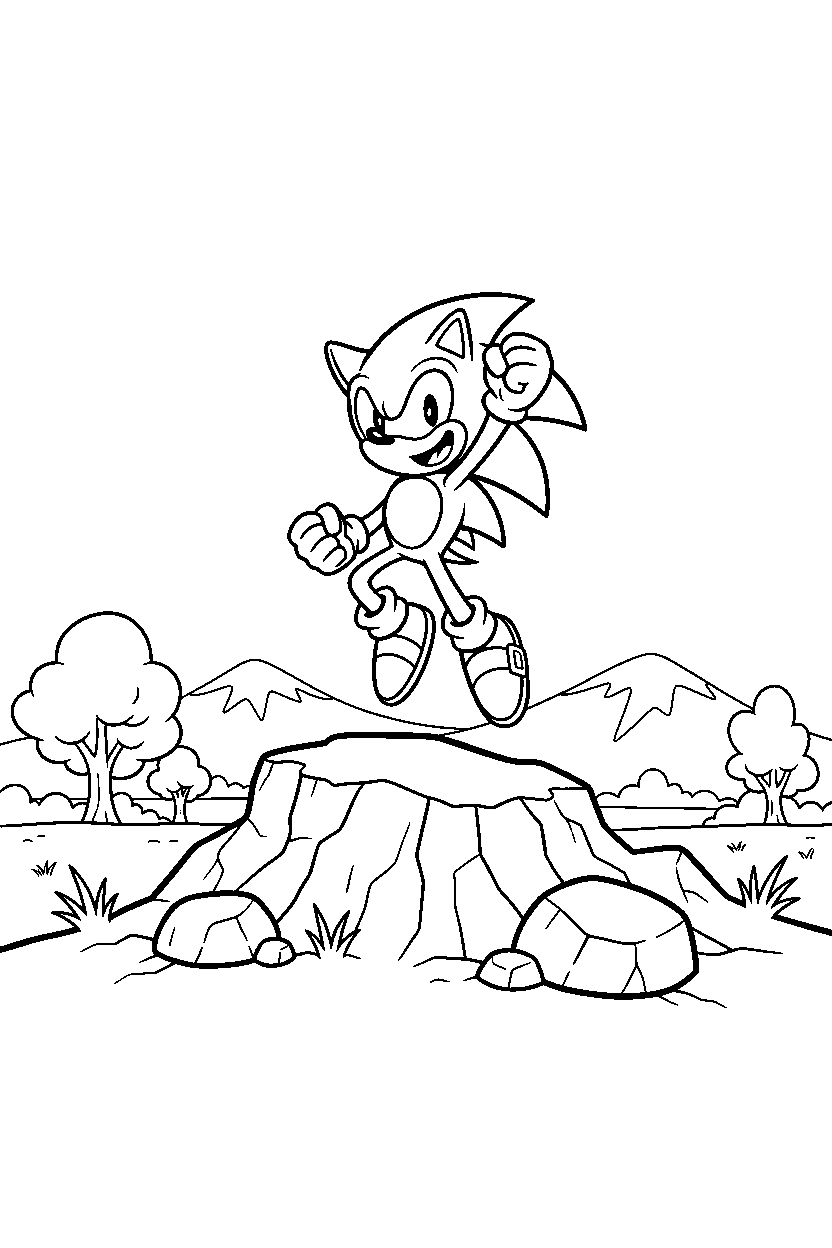 classic sonic celebrating happily on a rocky hill line art