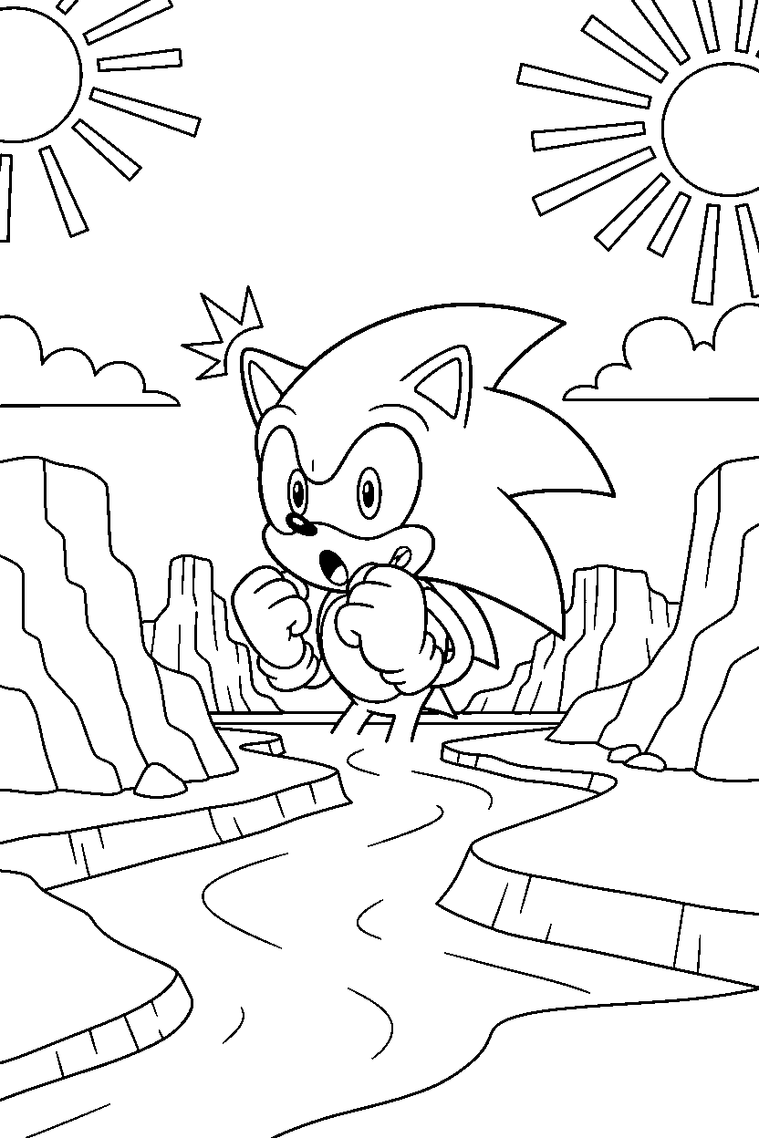 classic sonic looking surprised in a peaceful canyon line art