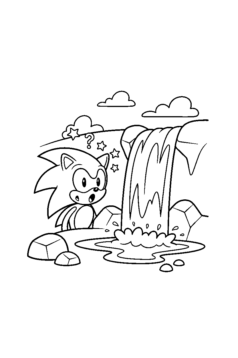 classic sonic looking surprised near a waterfall line art