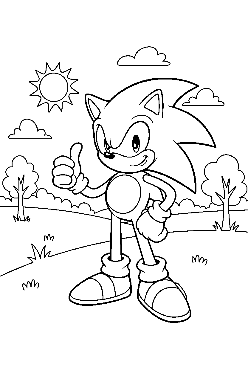 classic sonic posing proudly in a grassy valley line art