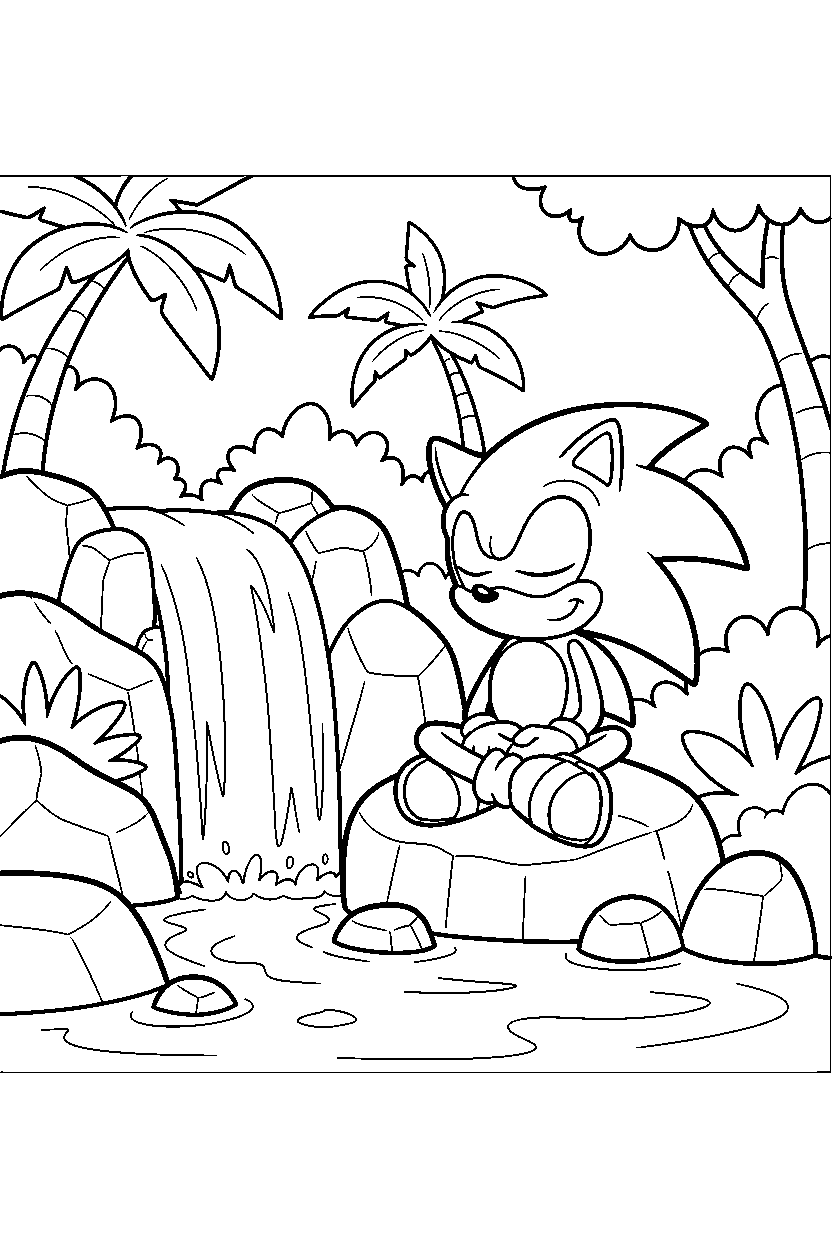 classic sonic sitting peacefully near jungle waterfalls line art