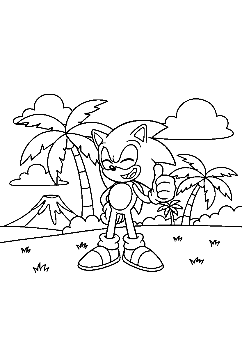 classic sonic smiling happily on a tropical hillside line art