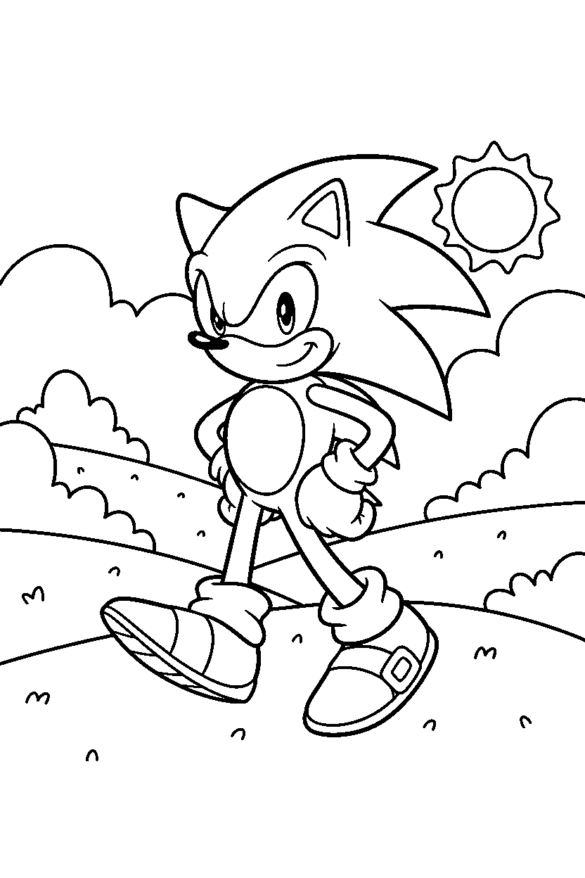 classic sonic walking proudly on a bright hillside line art