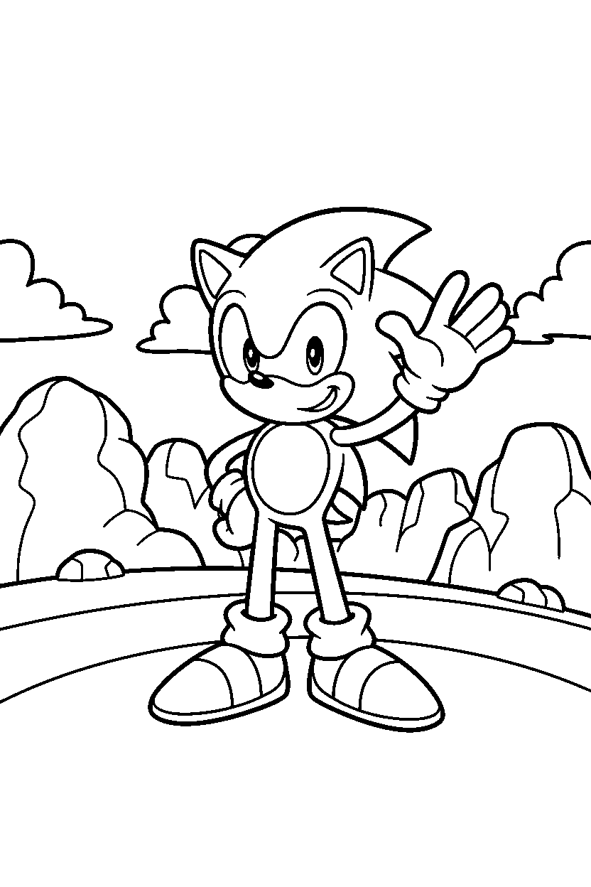 classic sonic waving happily near colorful rock hills line art