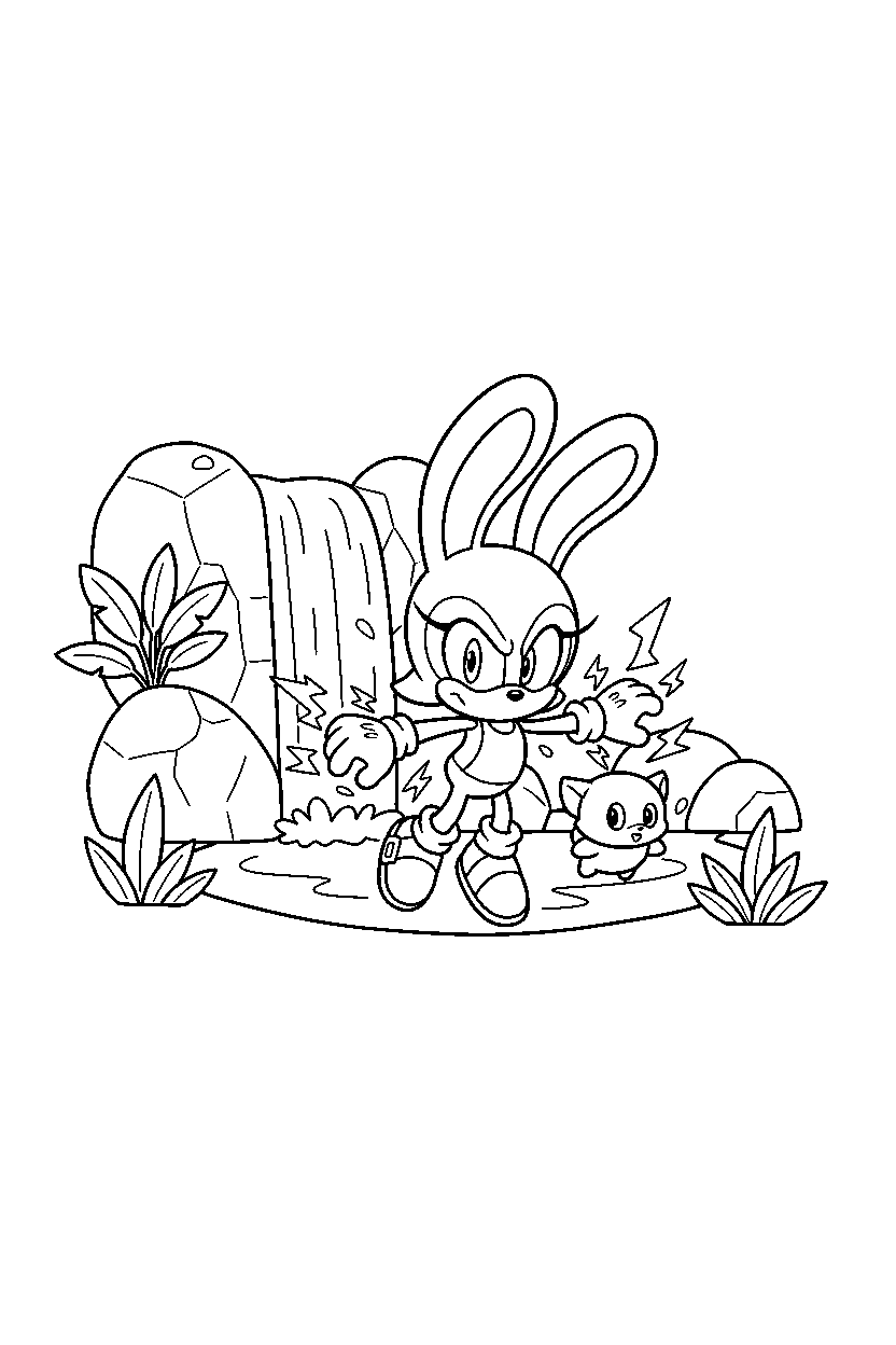 cream the rabbit charging power near a waterfall line art
