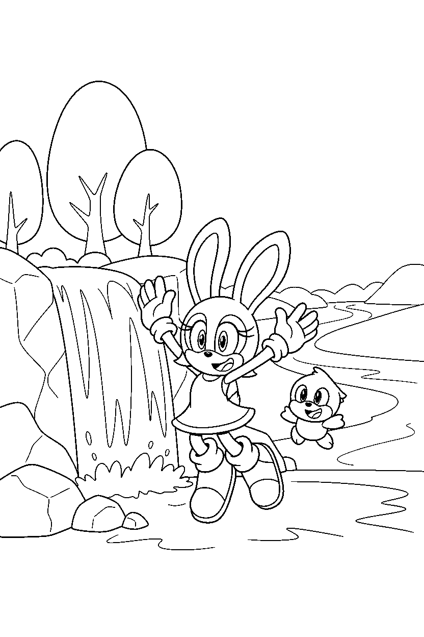 cream the rabbit from sonic the hedgehog series celebrating happily near a waterfall line art