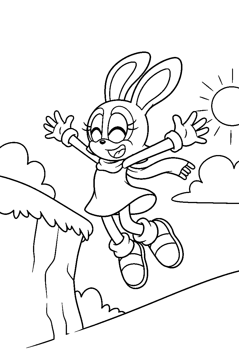 cream the rabbit from sonic the hedgehog series jumping with joy near a cliffside line art