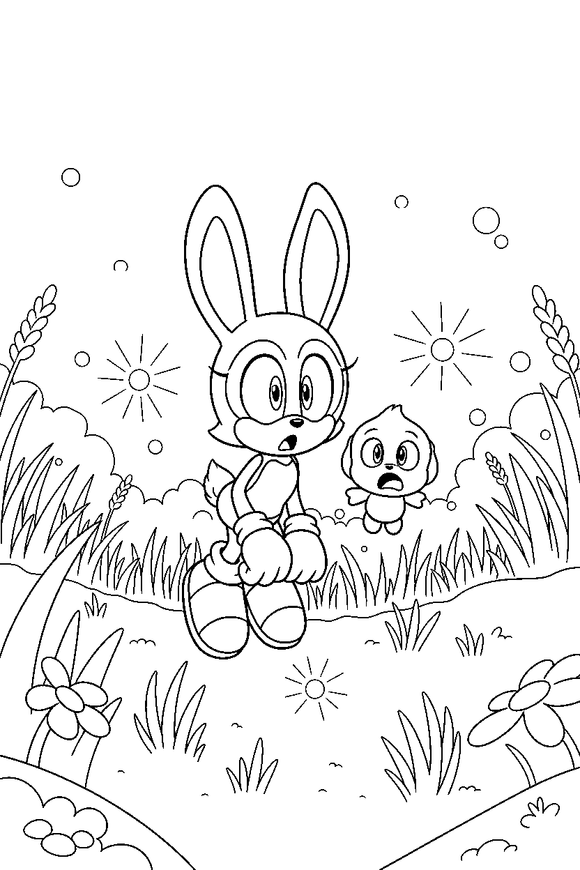 cream the rabbit from sonic the hedgehog series looking surprised in a glowing grassland line art