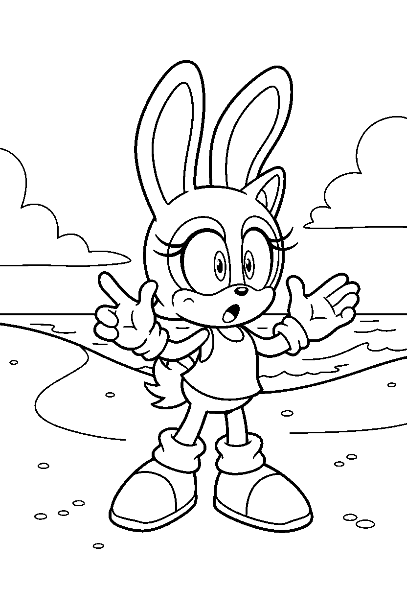 cream the rabbit from sonic the hedgehog series looking surprised on a sandy shore line art