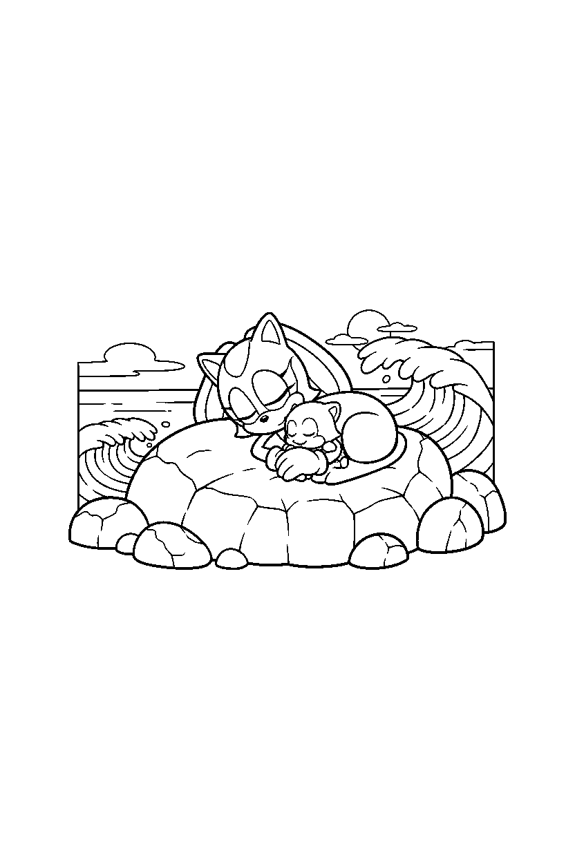 cream the rabbit from sonic the hedgehog series resting peacefully on a rocky coast line art