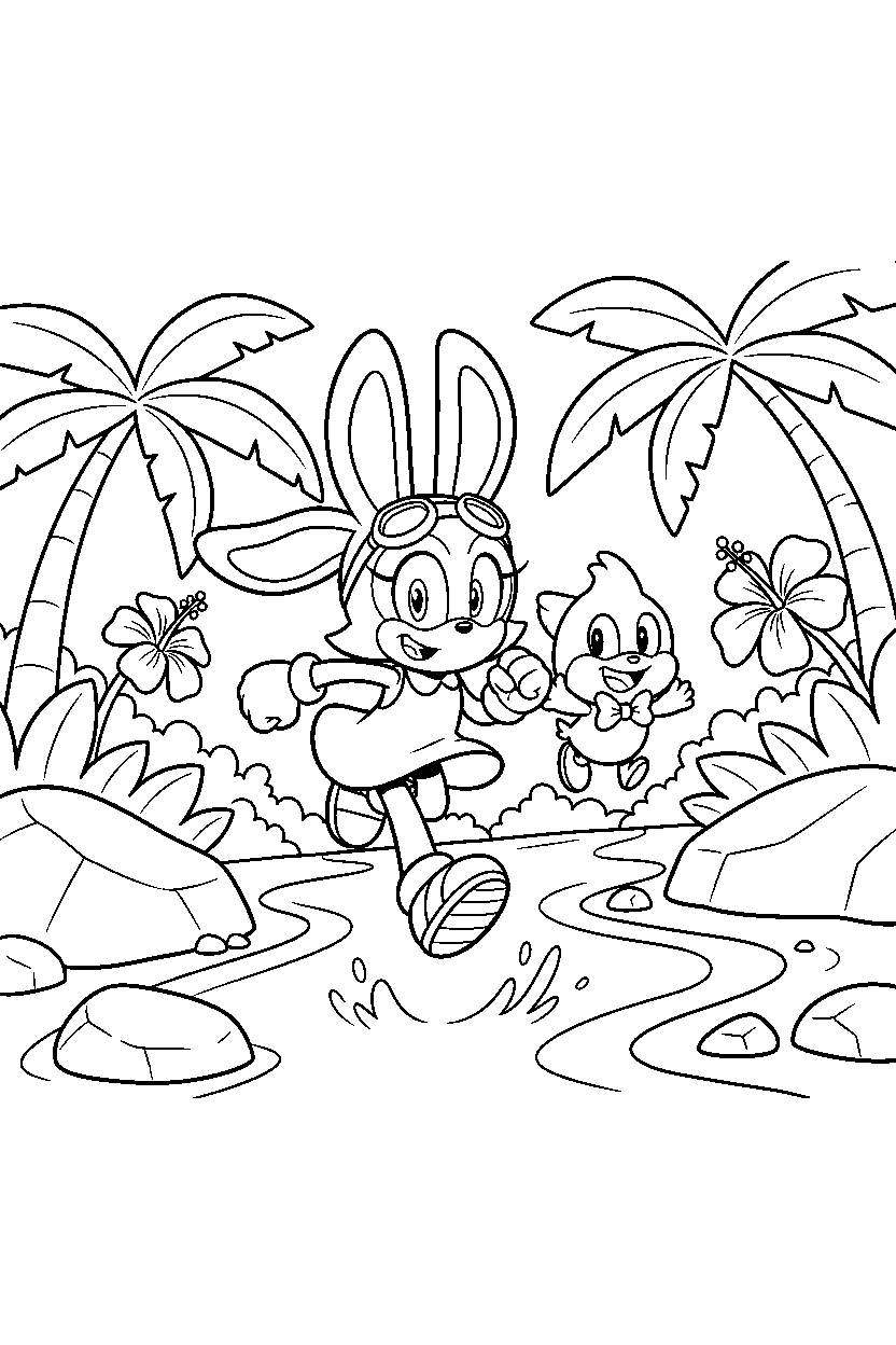 cream the rabbit from sonic the hedgehog series running happily near a jungle river line art
