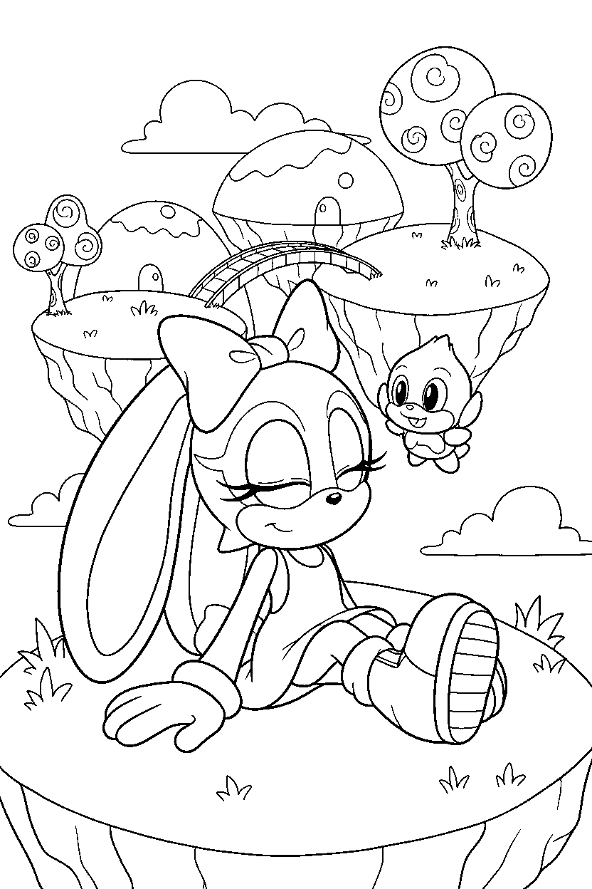 cream the rabbit from sonic the hedgehog series sitting peacefully near floating hills line art