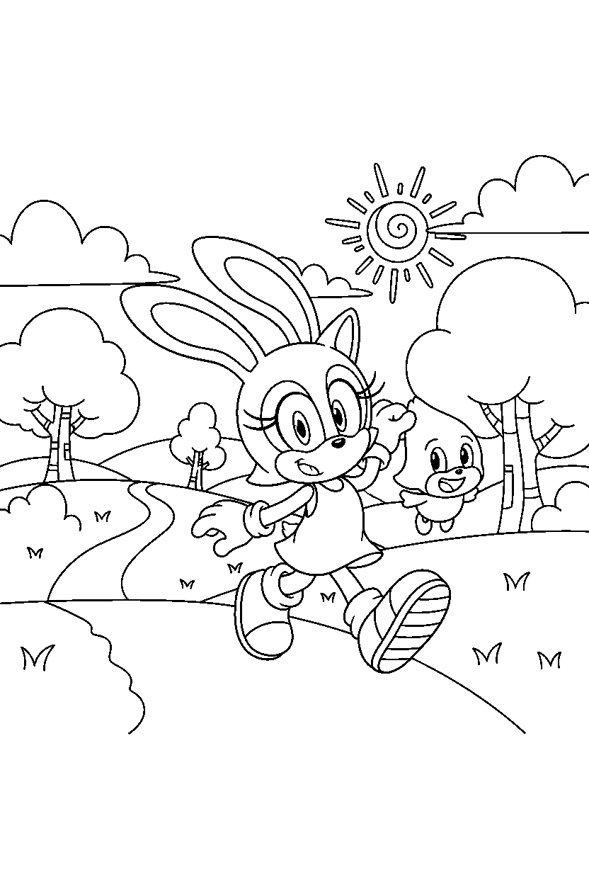 cream the rabbit from sonic the hedgehog series walking happily in a bright adventure land line art