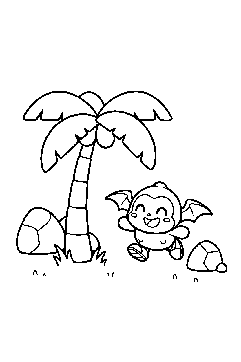 dark chao from sonic exploring happily near a palm tree line art