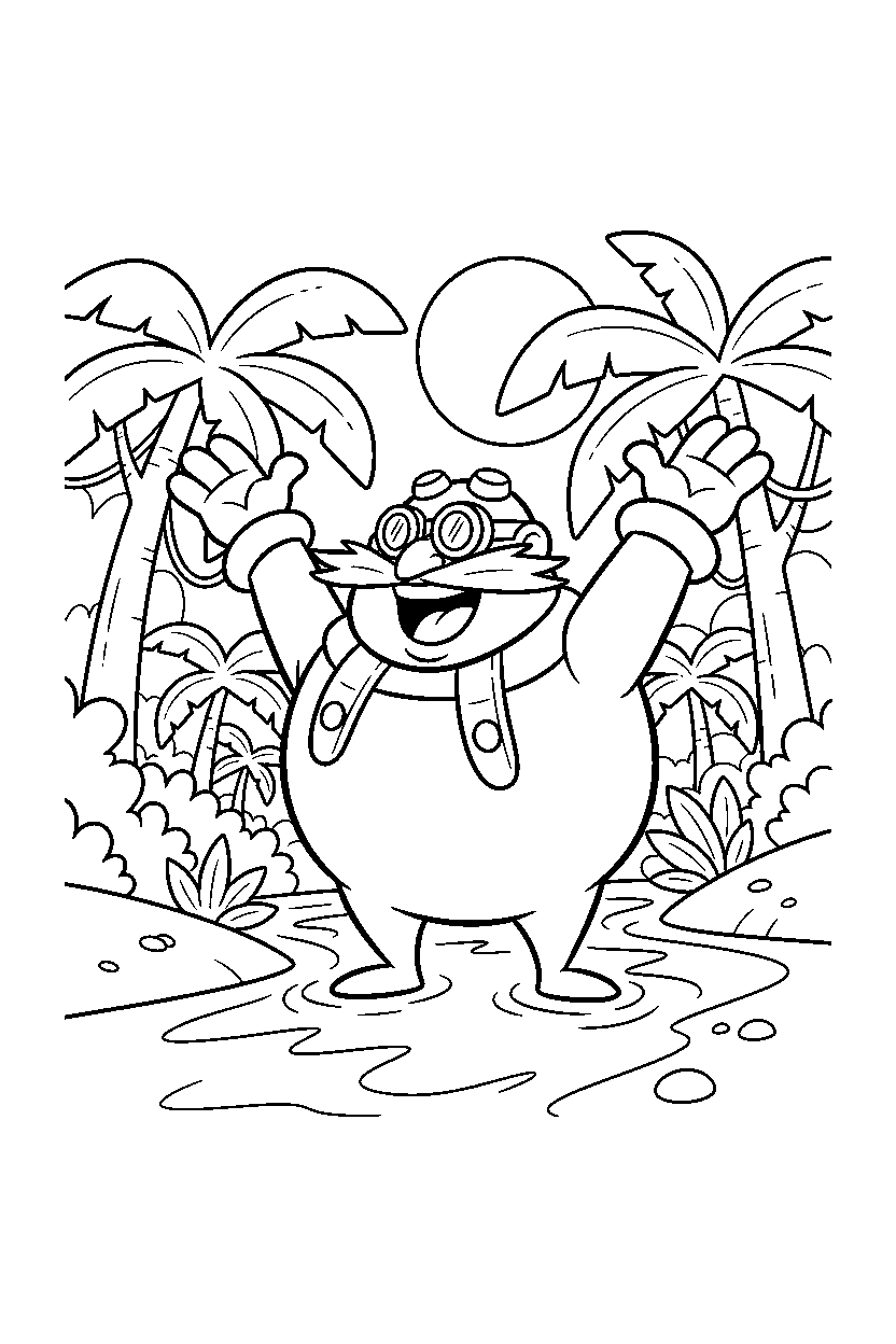 dr eggman celebrating happily near a jungle river line art