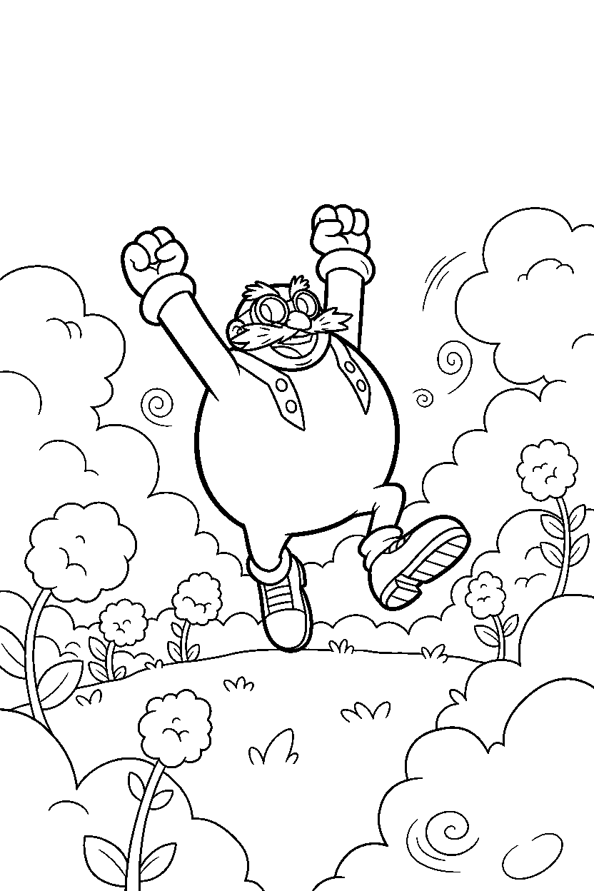 dr eggman jumping with joy in a sky meadow line art