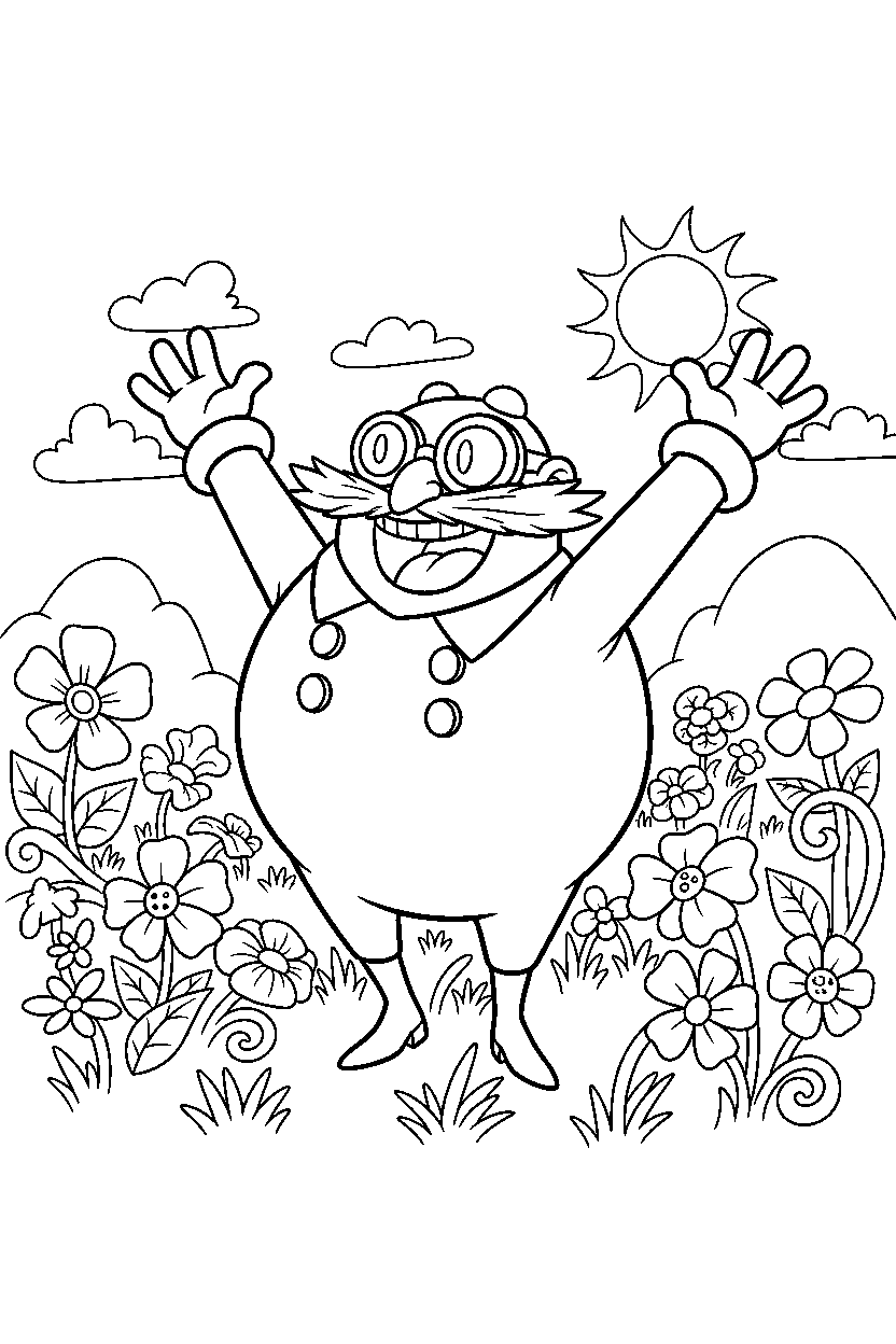 dr eggman looking excited in a flower valley line art