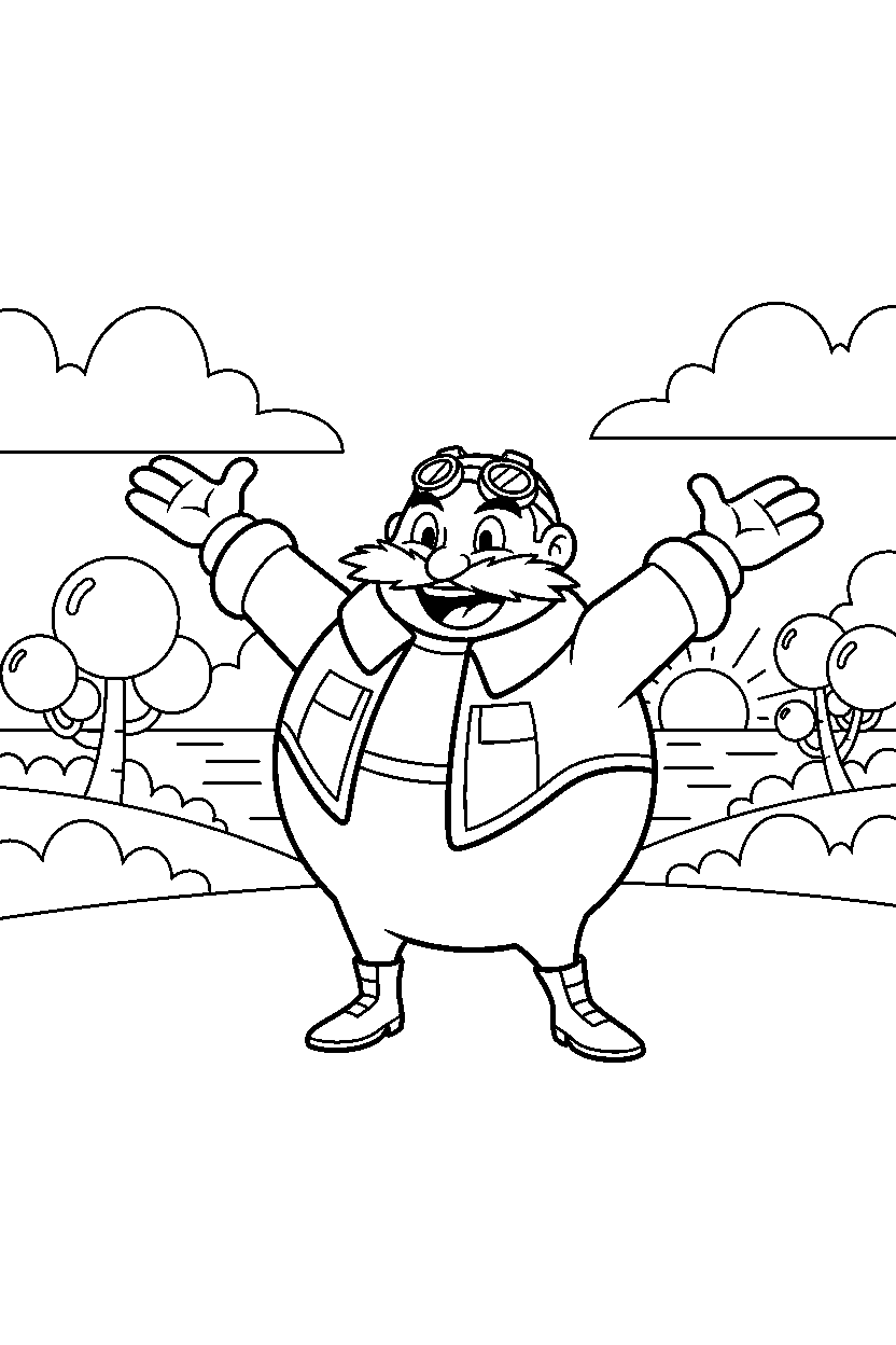 dr eggman looking happy in a warm coastal valley line art