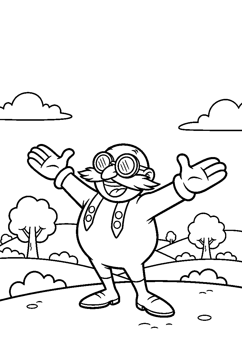 dr eggman looking happy near rolling hills line art