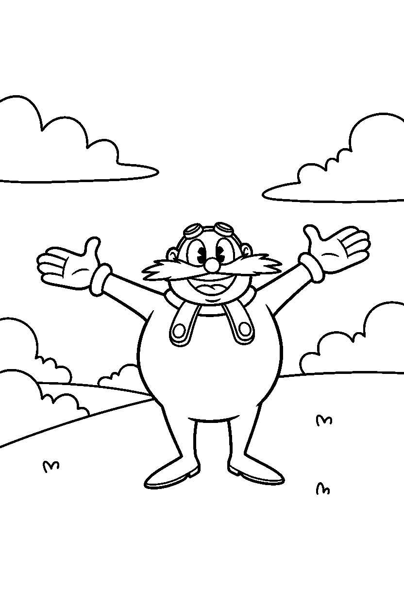 dr eggman looking happy on a bright hillside line art