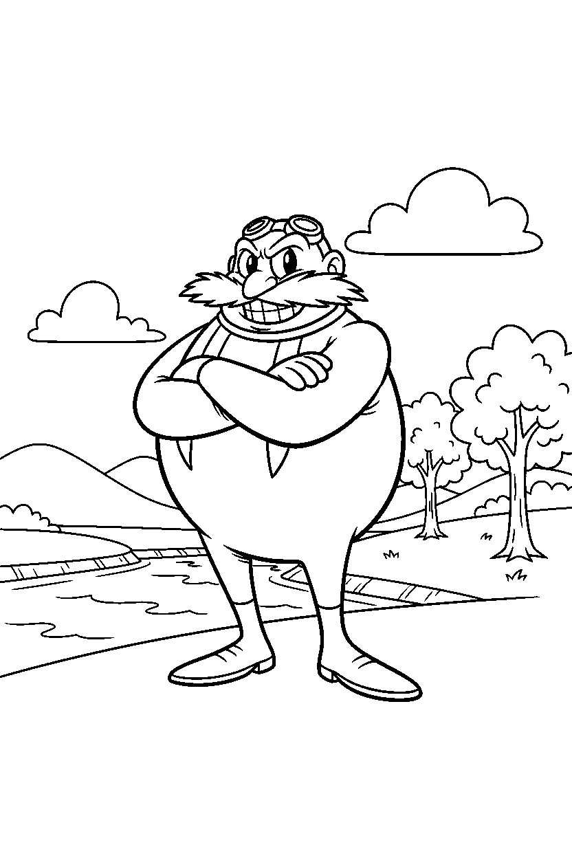 dr eggman posing proudly near a peaceful riverbank line art