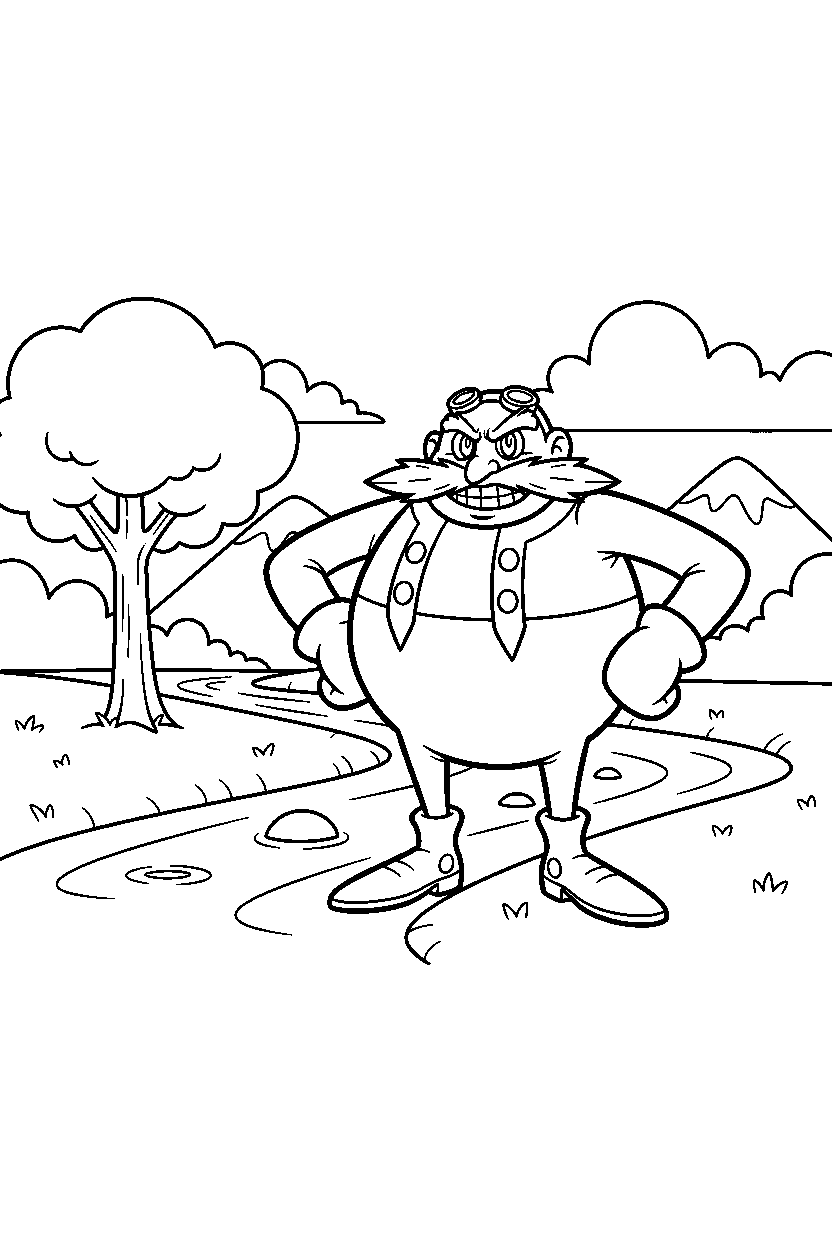 dr eggman posing proudly near a river line art