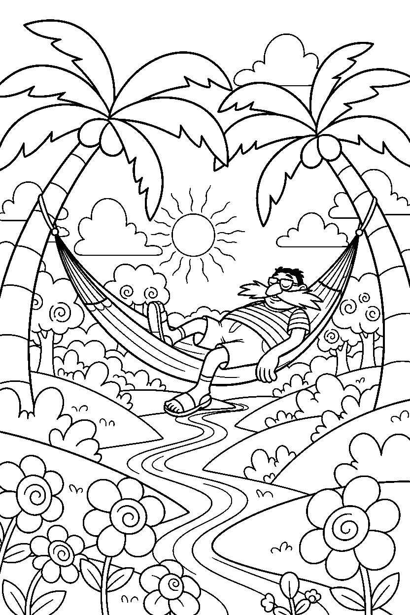 dr eggman relaxing peacefully in a colorful valley line art